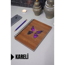 Kelebek Temalı Ahşap Kapaklı Defter - Kareli Defter - Ajanda - Okul Defteri (A5 - 120 Sayfa)