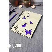 Kelebek Desenli Ahşap Kapaklı Defter - Çizgili Defter - Ajanda - Okul Defteri (A5 - 120 Sayfa)