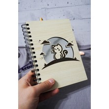 Kedi Desenli Ahşap Kapaklı Defter - Çizgisiz Defter - Günlük - Ajanda-Hediyelik-A5 Anı Defteri