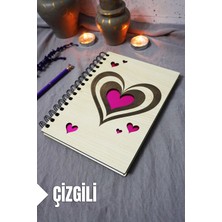 Kalp Desenli Ahşap Kapaklı Defter - Çizgili Defter - Ajanda - Okul Defteri (A5 - 120 Sayfa)