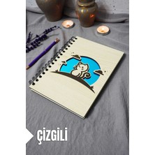 Kedi Desenli Ahşap Kapaklı Defter - Çizgili Defter - Ajanda - Okul Defteri (A5 - 120 Sayfa)