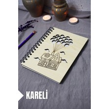 Uçan Balon Ev Desenli Ahşap Kapaklı Defter - Kareli Defter - Ajanda - Okul Defteri (A5 - 120 Sayfa)