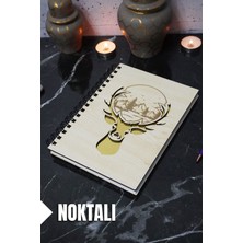 Geyik Temalı Ahşap Kapaklı Defter - Noktalı Defter - Ajanda - Okul Defteri (A5 - 120 Sayfa)