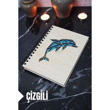 Yunus Balığı Temalı Ahşap Kapaklı Defter - Çizgili Defter - Ajanda - Okul Defteri (A5 - 120 Sayfa)