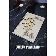 Bisiklet Kalp Balon Ahşap Plan Defteri - Tarihsiz Ajanda - Günlük Planlayıcı (Planlama Defteri) A5