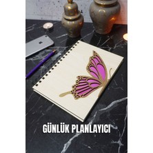 Kelebek Tasarım Ahşap Kapaklı Günlük Planlayıcı - Süresiz Ajanda - Tarihsiz Planlama Defteri - A5