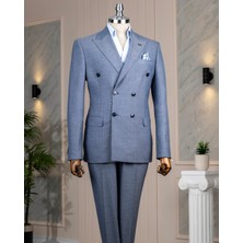 Italyan Stil Slim Fit Kruvaze Ceket Pantolon Takım Elbise Mavi T14467