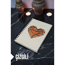 Kalp Temalı Ahşap Kapaklı Defter - Çizgili Defter - Ajanda - Okul Defteri (A5 - 120 Sayfa)