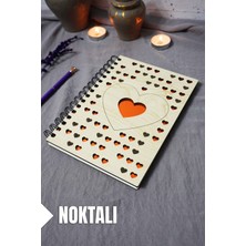Kalp Desenli Ahşap Kapaklı Defter - Noktalı Defter - Ajanda - Okul Defteri (A5 - 120 Sayfa)