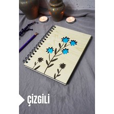 Çiçek Desenli Ahşap Kapaklı Defter - Çizgili Defter - Ajanda - Okul Defteri (A5 - 120 Sayfa)