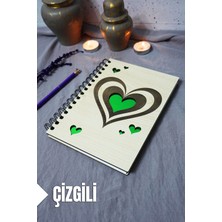 Kalp Desenli Ahşap Kapaklı Defter - Çizgili Defter - Ajanda - Okul Defteri (A5 - 120 Sayfa)