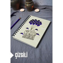 Uçan Balon Ev Ahşap Kapaklı Defter - Çizgili Defter - Ajanda - Okul Defteri (A5 - 120 Sayfa)