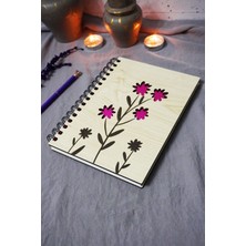 Çiçek Desenli Ahşap Kapaklı Defter - Çizgisiz Defter - Günlük - Ajanda-Hediyelik-A5 Anı Defteri