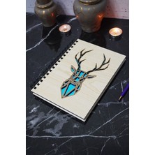 Geyik Figürlü Ahşap Kapaklı Defter - Çizgisiz Defter - Günlük - Ajanda- A5 Anı Defteri