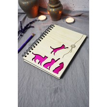 Kedi Desenli Ahşap Kapaklı Defter - Çizgisiz Defter - Günlük - Ajanda-Hediyelik-A5 Anı Defteri