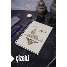Kız Kulesi Temalı Ahşap Kapaklı Defter - Çizgili Defter - Ajanda - Okul Defteri (A5 - 120 Sayfa)