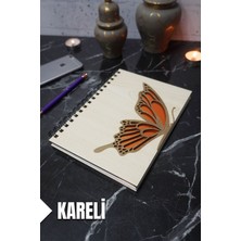 Kelebek Temalı Ahşap Kapaklı Defter - Kareli Defter - Ajanda - Okul Defteri (A5 - 120 Sayfa)