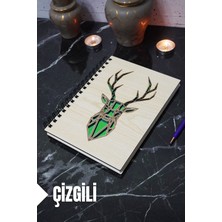 Geyik Figürlü Ahşap Kapaklı Defter - Çizgili Defter - Ajanda - Okul Defteri (A5 - 120 Sayfa)
