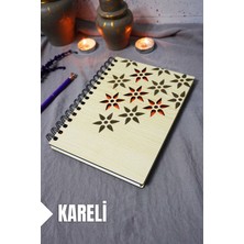 Çiçek Desenli Ahşap Kapaklı Defter - Kareli Defter - Ajanda - Okul Defteri (A5 - 120 Sayfa)