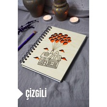 Uçan Balon Ev Ahşap Kapaklı Defter - Çizgili Defter - Ajanda - Okul Defteri (A5 - 120 Sayfa)