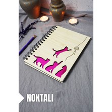 Kedi Desenli Ahşap Kapaklı Defter - Noktalı Defter - Ajanda - Okul Defteri (A5 - 120 Sayfa)