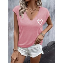 Kadın Kısa Kollu V Yakalı Kalp Baskılı Viskon Bluz