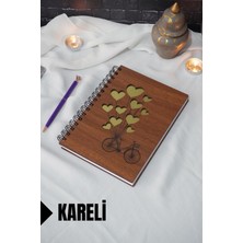 Bisiklet Balon Temalı Ahşap Kapaklı Defter - Kareli Defter - Ajanda - Okul Defteri (A5 - 120 Sayfa)