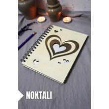Kalp Desenli Ahşap Kapaklı Defter - Noktalı Defter - Ajanda - Okul Defteri (A5 - 120 Sayfa)