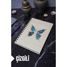 Kelebek Temalı Ahşap Kapaklı Defter - Çizgili Defter - Ajanda - Okul Defteri (A5 - 120 Sayfa)