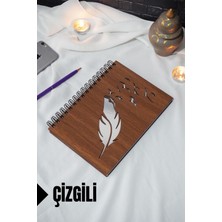 Kuş Tüy Temalı Ahşap Kapaklı Defter - Çizgili Defter - Ajanda - Okul Defteri (A5 - 120 Sayfa)