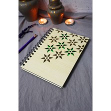 Çiçek Desenli Ahşap Kapaklı Defter - Çizgisiz Defter - Günlük - Ajanda-Hediyelik-A5 Anı Defteri