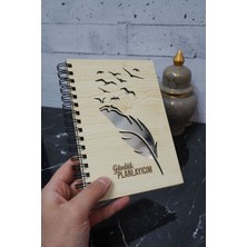 Kuşlu Tüy Kalem Ahşap Günlük Planlayıcı Defter - Süresiz Ajanda - Tarihsiz Planlama Defteri - A5