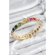 Pirinç Karışık Zirkon Taşlı Kare Model Gold Renk Lastikli Kadın Bileklik - TJ-BB7498