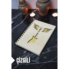 Gitar Kanat Temalı Ahşap Kapaklı Defter - Çizgili Defter - Ajanda - Okul Defteri (A5 - 120 Sayfa)