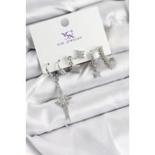 Pirinç Zirkon Taşlı Kutup Yıldızı Model Gümüş Renk 3'lü Çift Kadın Küpe - TJ-BKP10950