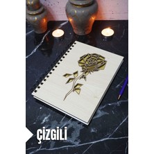 Gül Temalı Ahşap Kapaklı Defter - Çizgili Defter - Ajanda - Okul Defteri (A5 - 120 Sayfa)