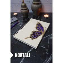 Kelebek Temalı Ahşap Kapaklı Defter - Noktalı Defter - Ajanda - Okul Defteri (A5 - 120 Sayfa)