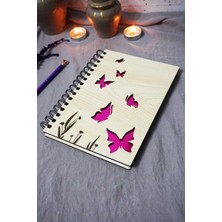 Kelebek Desenli Ahşap Kapaklı Defter - Çizgisiz Defter - Günlük - Ajanda-Hediyelik-A5 Anı Defteri