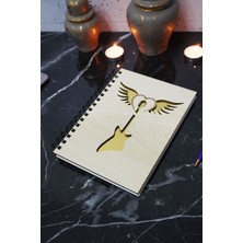 Gitar Kanat Temalı Ahşap Kapaklı Defter - Çizgisiz Defter - Günlük - Ajanda- A5 Anı Defteri