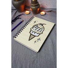 Dondurma Desenli Ahşap Kapaklı Defter - Çizgisiz Defter - Günlük - Ajanda-Hediyelik-A5 Anı Defteri