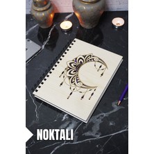 Ay Mandala Temalı Ahşap Kapaklı Defter - Noktalı Defter - Ajanda - Okul Defteri (A5 - 120 Sayfa)