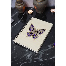 Kelebek Figürlü Ahşap Kapaklı Defter - Çizgisiz Defter - Günlük - Ajanda- A5 Anı Defteri