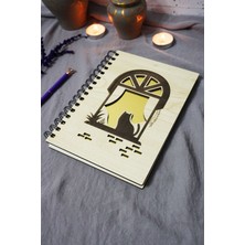 Kedi Desenli Ahşap Kapaklı Defter - Çizgisiz Defter - Günlük - Ajanda-Hediyelik-A5 Anı Defteri