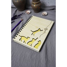 Kedi Desenli Ahşap Kapaklı Defter - Çizgisiz Defter - Günlük - Ajanda-Hediyelik-A5 Anı Defteri