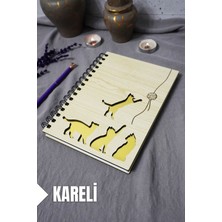Kedi Desenli Ahşap Kapaklı Defter - Kareli Defter - Ajanda - Okul Defteri (A5 - 120 Sayfa)