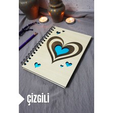 Kalp Desenli Ahşap Kapaklı Defter - Çizgili Defter - Ajanda - Okul Defteri (A5 - 120 Sayfa)