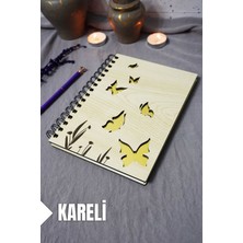 Kelebek Desenli Ahşap Kapaklı Defter - Kareli Defter - Ajanda - Okul Defteri (A5 - 120 Sayfa)