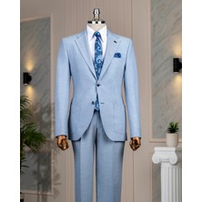 Italyan Stil Slim Fit Mono Yaka Ceket Pantolon Takım Elbise Mavi T14473