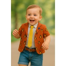 Penguen Desenli Kravatlı 4'lü Erkek Çocuk Takımı - Ceket, Gömlek, Kemer ve Kot Şort