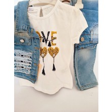 Love Baskılı Kız Çocuk 3’lü Kot Takım – Ceket + Tişört + Pantolon